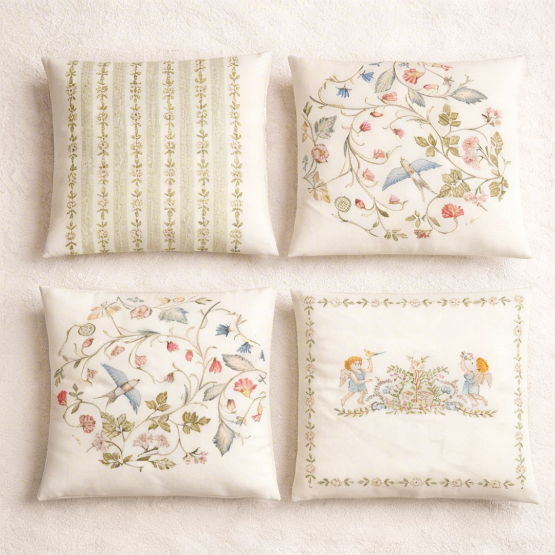 Green Cozy Birds and Floral Pattern Cushion Cover Pack of 4