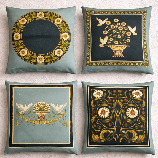 French White Birds and Flowers Cushion Cover Pack of 4